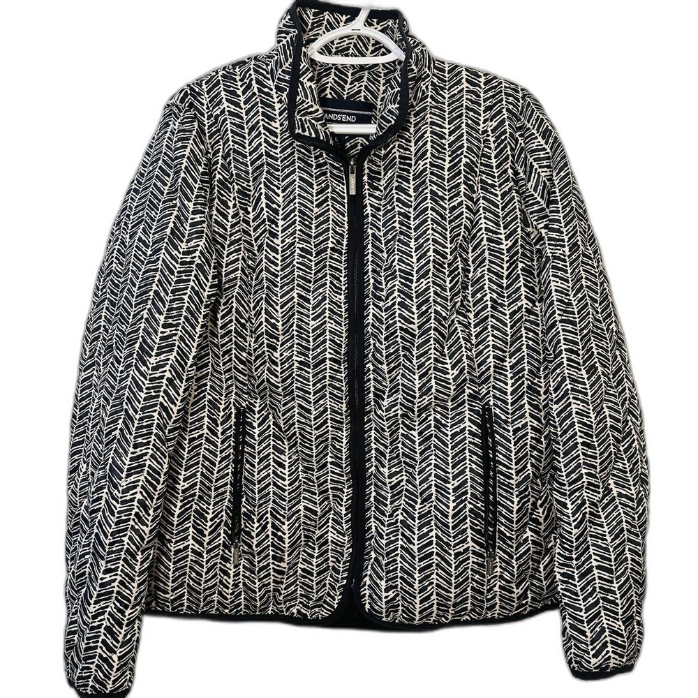Lands’ End Insulated Zip Jacket Womens L 14–16 Black White Herringbone Print
